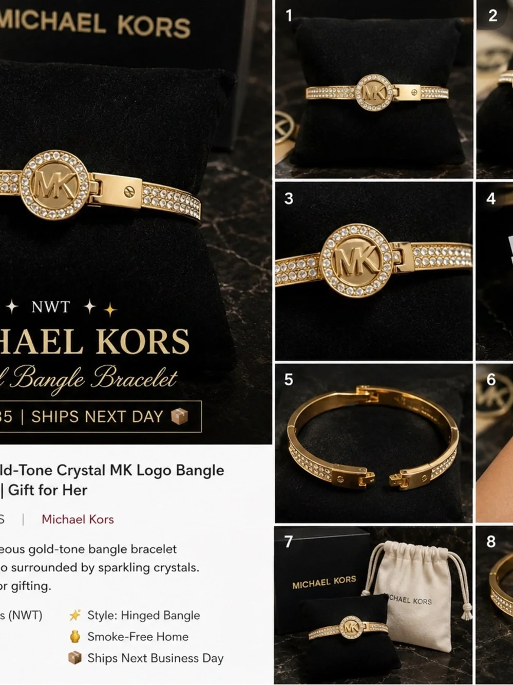 Michael Kors Gold Crystal MK Logo Hinged Bangle